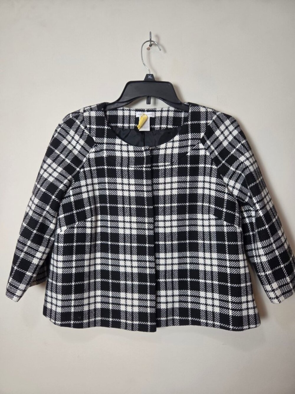 Worthington Plaid Cropped Jacket Blazer Black White Size 8 Tweed Collarless